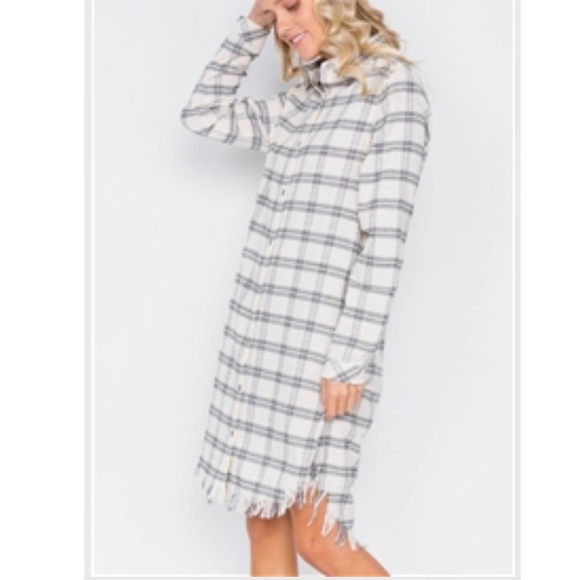 PLAID STRIPE RAW HIGH-LOW HEM FLANNEL DRESS - Picture 3 of 5